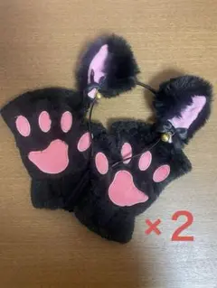 猫耳カチューシャ＆手袋 黒 ハロウィン 文化祭 ペア 2セット