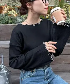 新品☆ディスコート☆リブメローフレアスリーブ☆ブラック☆パイピング☆ショート丈