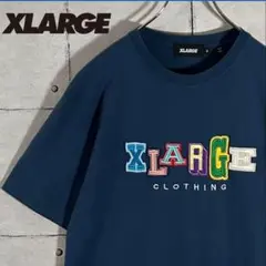 【人気モデル】エクストララージ☆センター刺繡ロゴ マルチカラー Ｔシャツ 青 М