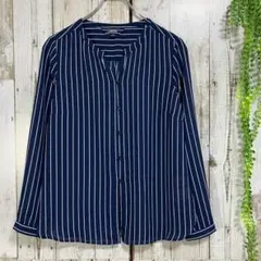 ☆ランズエンド☆美品☆スキッパーシャツ ブラウス 長袖 ストライプ 7号 ブルー
