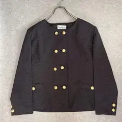 プチドット柄ノーカラージャケット 金ボタン 東京ソワール 古着 レトロ 黒