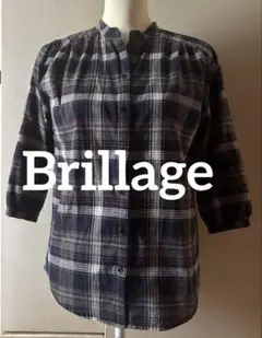 最終値下げBrillage 麻混スキッパーシャツ　7分袖　S チェックネイビー系