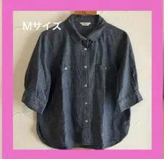 OSCOPE デニム風シャツ M ダークブルー 五分袖 レディース カジュアル