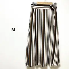 ストライプ フレアロングスカート リボン付き　ゴムウエスト　M