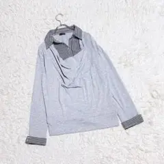 【FJER】　重ね着風トップス　（Ｌ）　カットソー　長袖　グレー　ストライプ