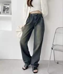 ダークブルー ハイウエスト ストレートジーンズ ウエスト調整可