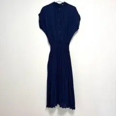 La-gemme ネイビー プリーツ 半袖 ノースリーブワンピース　Lサイズ