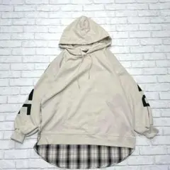L103【Galyge】異素材ビッグパーカー☆チェック　バックプリント　フード