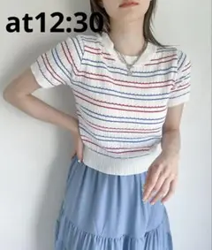 [at12:30]フリー白地赤青ストライプ 半袖ニット
