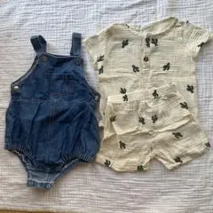 サボテン柄Tシャツ・ショートパンツ・デニムロンパースセット