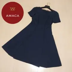 (極美品)AMACA 半袖 ロング フレア ワンピース ネイビー