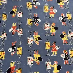 かわいい絵描きさんの柄プリント生地 ブルー 布 アメリカンヴィンテージ