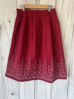 レトロ刺繍 赤フレアスカート Mサイズ 綿100% 裏地付き