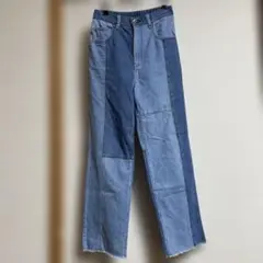 パッチワークデニムワイドレッグパンツ