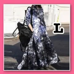 総柄 シャツワンピース モダン ロングワンピース シャツ 韓国 マキシ丈 長袖