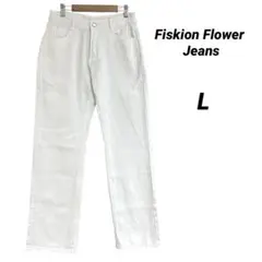 Fiskion Flower Jeans/ワイドストレートデニム/ホワイト/L