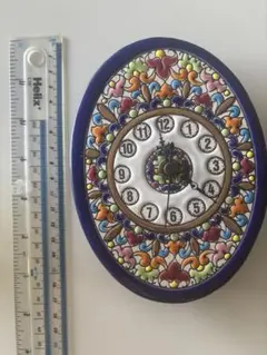 スペイン製　ハンドメイド　手描きカラフル楕円形掛け時計　ジャンク品