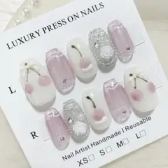 現品୨୧さくらんぼネイルチップ　フレンチガーリー　レース薔薇ぷっくり　バレリーナ