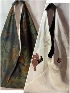 刺繍白ちりめん×大島紬三角バッグリバーシブルハンドメイドあずま袋（７３２）