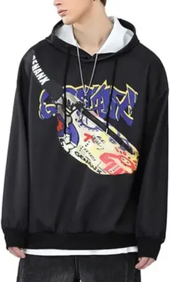 パーカー　黒　グラフィック タイポグラフィー プリント ルーズフィット