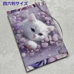 ブックカバー四六判サイズ　お花と白猫