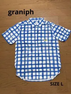グラニフgraniph シャツ　ブルーチェック猫サーフィンLサイズ