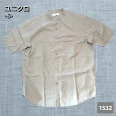 A-1532〈ユニクロ〉 バンドカラー 半袖シャツ S ベージュ
