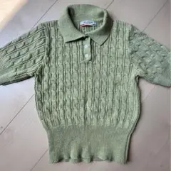 オリーブグリーン ケーブルニットポロシャツ