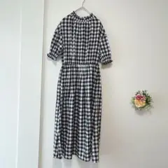751【シュガースプーン】ギンガムハイネックロングワンピース　半袖　フレア　春夏