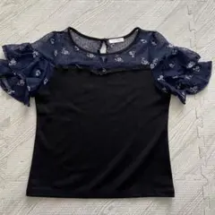 MIIA 花柄フリル袖Tシャツ 黒・ネイビー