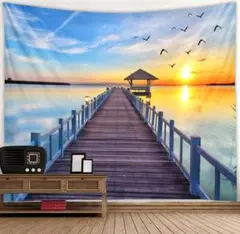 タペストリー 壁飾り おしゃれ壁掛け布 桟橋と夕日の絵柄 150ｘ130cm