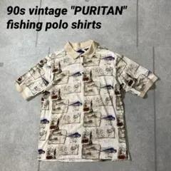 90sヴィンテージ　PURITAN ポロシャツ　フィッシング　総柄プリント　M