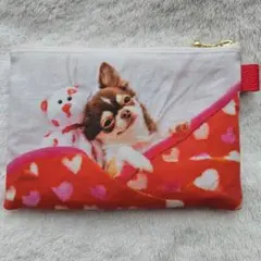 チワワとくまちゃん柄・両面・ミニフラットポーチ