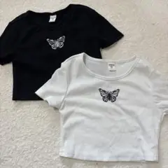 蝶刺繍 クロップドTシャツ 2色セット