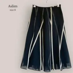 【Aslim】高島屋　フレアスカート　ミモレ丈　リネン風　ブラック