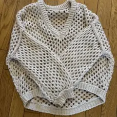 アイボリー メッシュ編み Vネックセーター