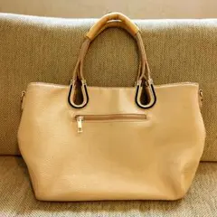 馬蹄 ベージュ トートバッグ 外側ファスナーポケット付き