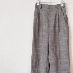 ブラウン　パンツ　長ズボン　チェック　ワイド　ハイウェスト　L