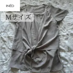 INED イネド ブラウス グレー 9 Mサイズ Tシャツ 前リボン チャコール