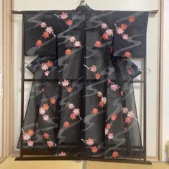 絽　洗える着物　黒　楓　152cm