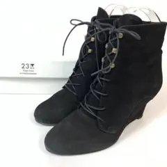 LA3897 23区 ショートブーツ レースアップ スウェード 黒 23 1/2
