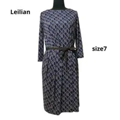 Leilian*ストレッチ*総柄*ひざ丈ワンピース*7分袖*リボン*7*ブルー