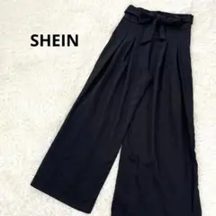 シーイン ワイドパンツ フロントリボン タック入り ハイウエスト とろみ 黒