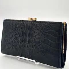 【美品 高級◎】クロコ 長財布 カイマン がま口 黒 ゴールド金具 リアル