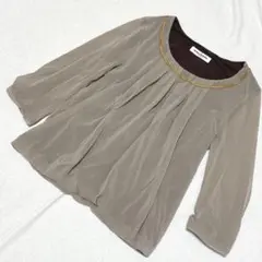 1232【ミラショーン】七分袖カットソー　M 透け感　ブラウン　裾バルーン