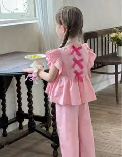 【激かわ】ピンク フリル袖 トップスとパンツセット98cm~104cm