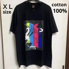 未使用タグ付き ＸL 鯉 和柄 蛍光レインボー色 半袖Ｔシャツ カットソー 黒