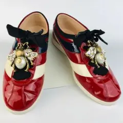 美品★GUCCI・レザー ウェブ ビーGGビジュー リボン スニーカー(36)