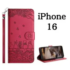 【特価】iPhone16 ケース 手帳型 猫柄 花柄 レザー ケース レッド