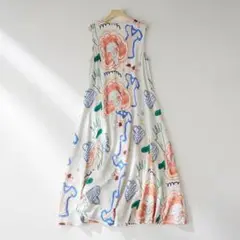 【新品】大きいサイズ 3L　アート柄 ノースリーブ ワンピース ロング丈ゆったり